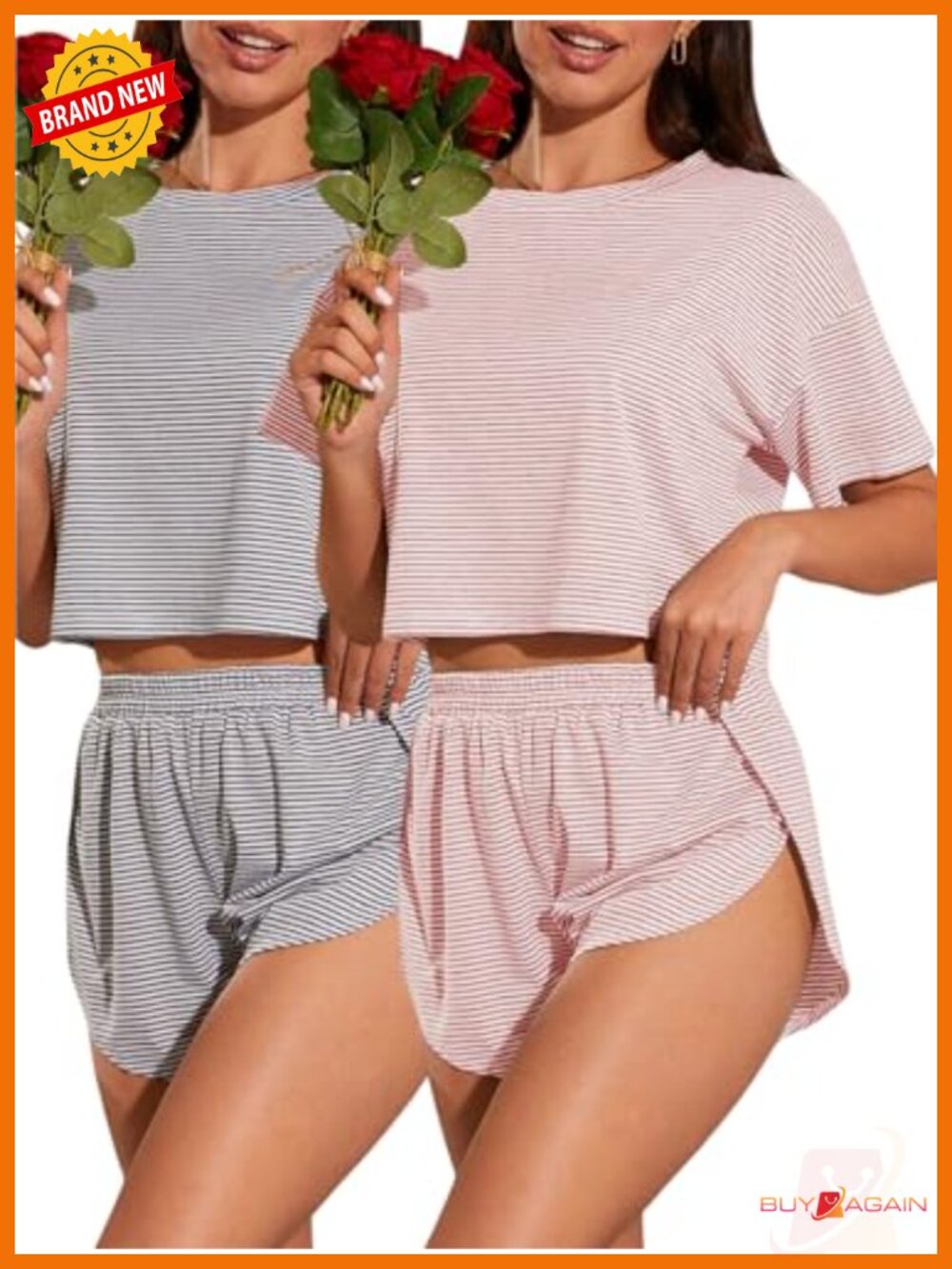 Striped Pajama Set Short Sleeve Top Split Shorts 4 Piece Lounge